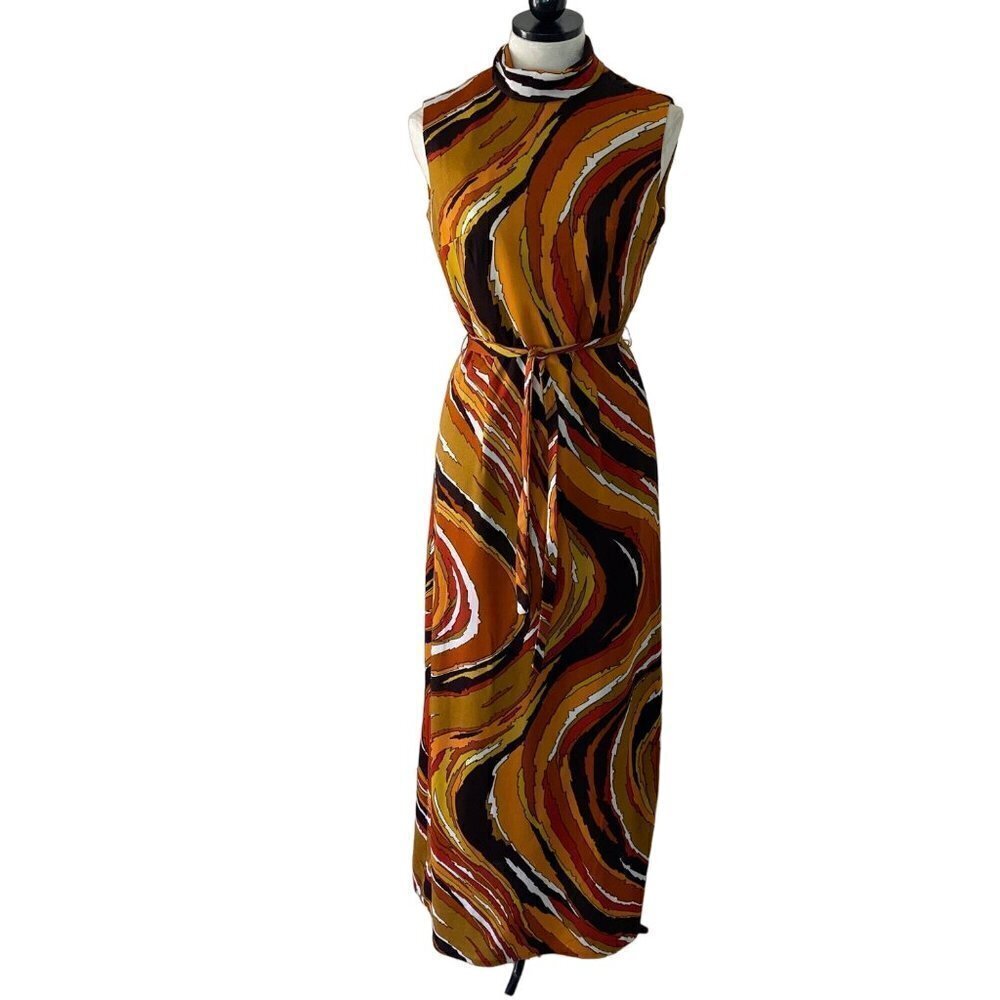 Rhone Poulenc Vintage 1970s Women Dress Size 8 Brown Rust Cream Orange Mock Neck